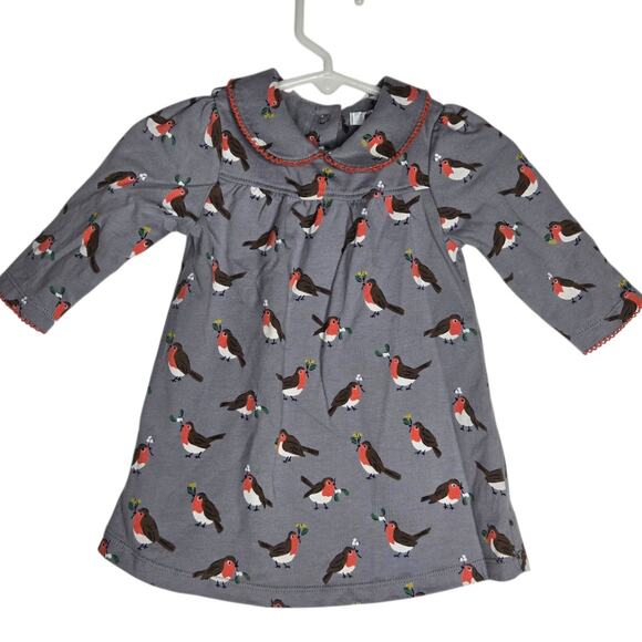 Baby Boden Other - Baby Boden Girl Robin Bird Print Dress Long Sleeve Cotton Fall Gray 3-6 Months
